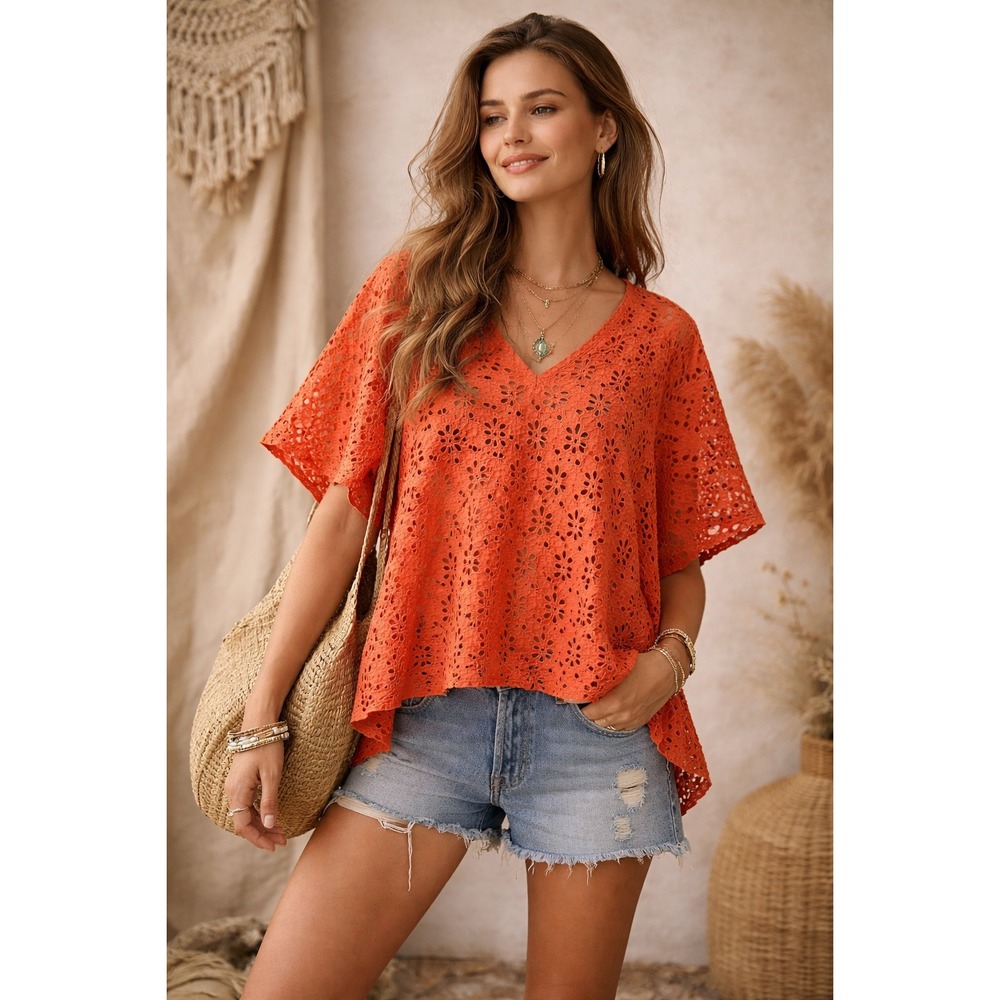 Rhea Orange Cotton Eyelet Boho‎ Poncho Top Cutout Oversized Festival Blouse  OS